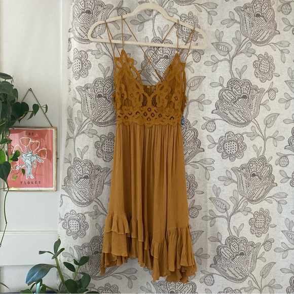Free People Other - NWT Feminine Free People Mustard Yellow Slip Dress or Nighty. Size Small